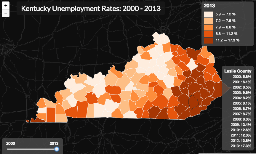 Kentucky Unemployment Rates Map, 2000-2013